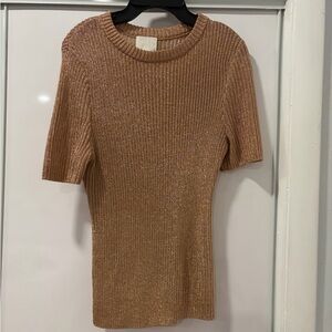 H&M Ribbed Short-Sleeve Knit Top in Camel Metallic